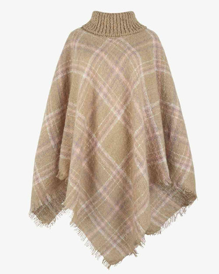 Plaid Turtleneck Fringe Hem Poncho