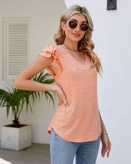 Smocked Flutter Sleeve V-Neck Top