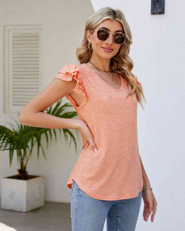 Smocked Flutter Sleeve V-Neck Top