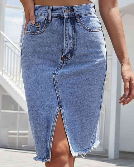 Buttoned Slit Denim Skirt