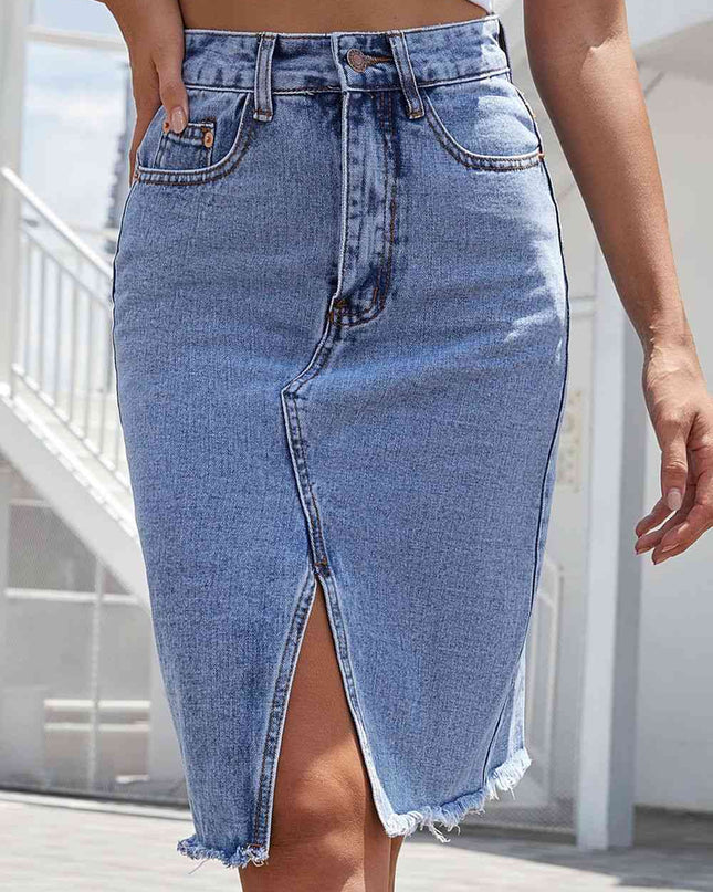 Buttoned Slit Denim Skirt