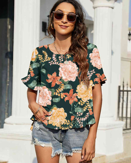 Floral Ruffled Flounce Sleeve Blouse