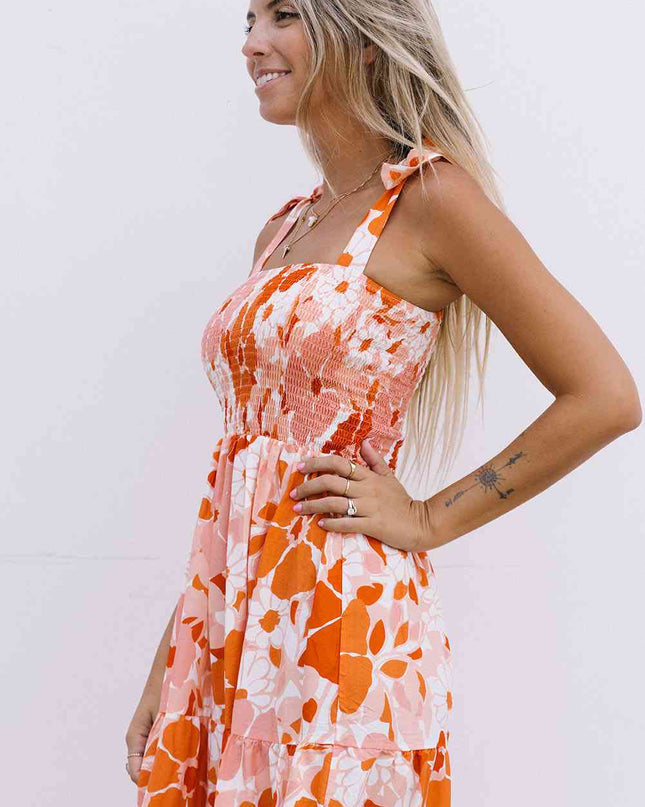 Floral Tie-Shoulder Smocked Maxi Dress