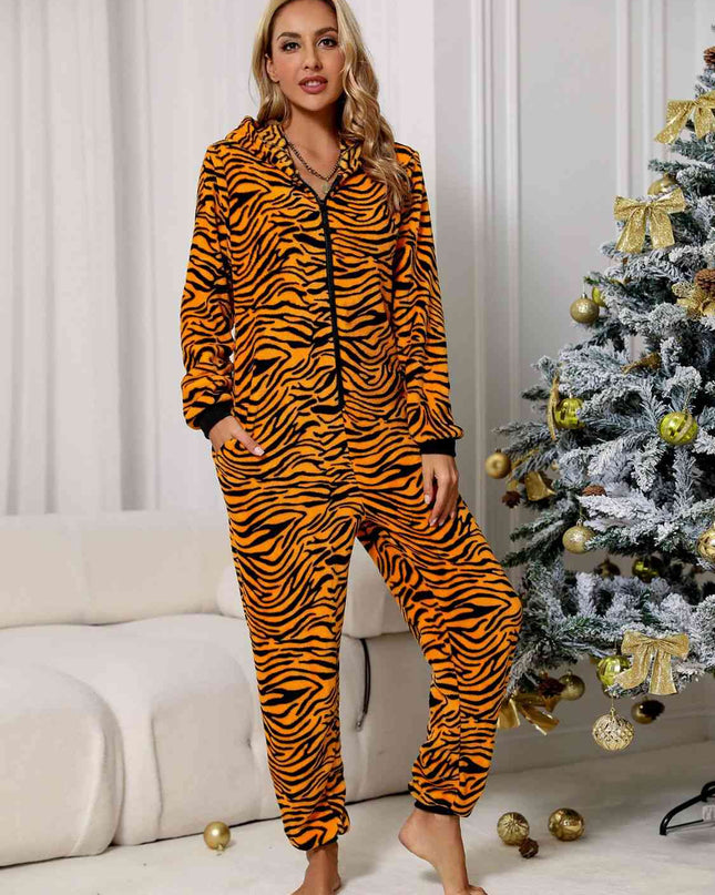 Animal Print  Zip Front Lounge Jumpsuit with Pockets