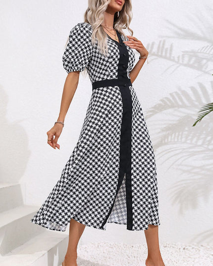 Printed Decorative Button V-Neck Slit Dress