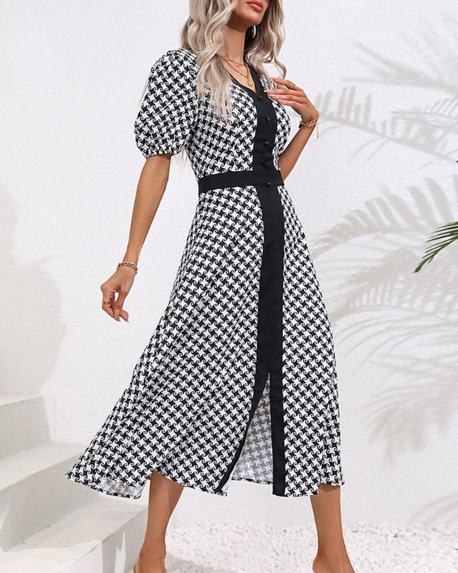 Printed Decorative Button V-Neck Slit Dress