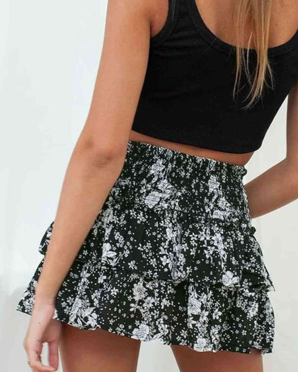 Printed Frill Trim Smocked Mini Skirt