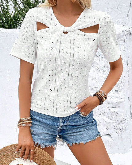 Twisted Front Short Sleeve Eyelet Blouse