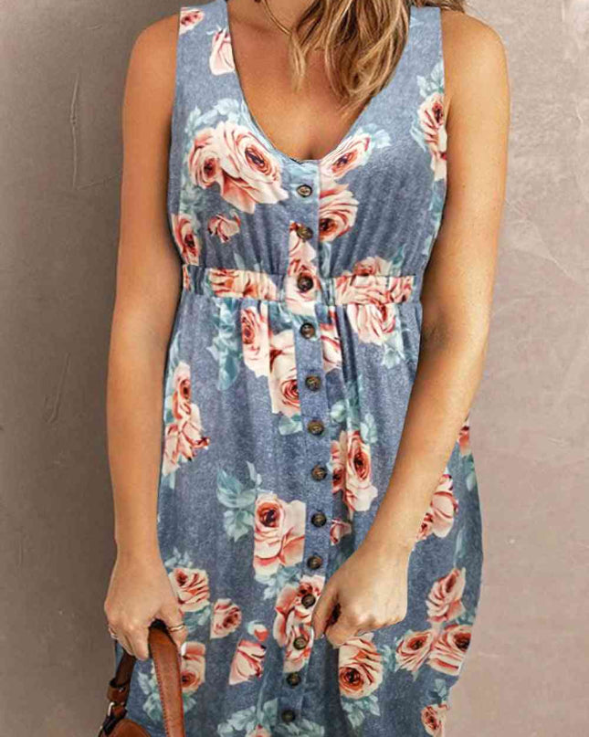 Double Take Printed Scoop Neck Sleeveless Buttoned Magic Dress with Pockets