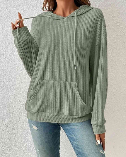 Ribbed Dropped Shoulder Drawstring Hoodie