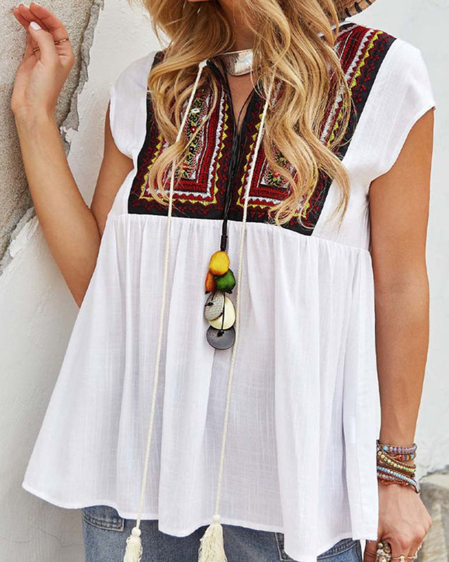 Tassel Tie Neck Ethnic Print Blouse