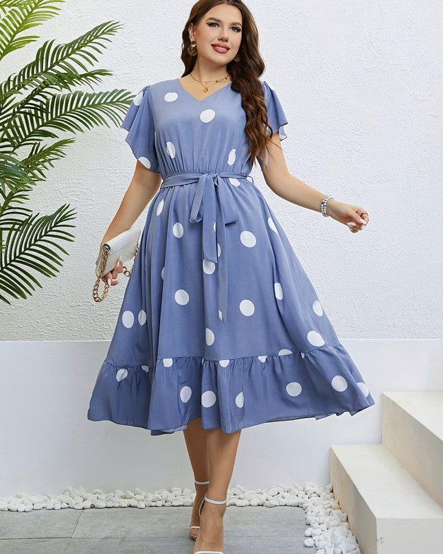 Polka Dot Belted Flutter Sleeve Ruffle Hem Dress