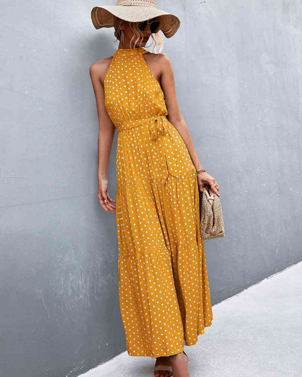 Printed Sleeveless Tie Waist Maxi Dress