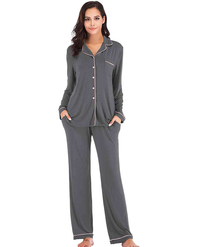Collared Neck Long Sleeve Loungewear Set with Pockets