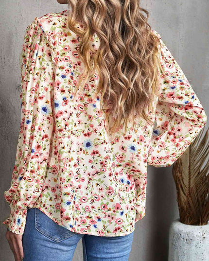 Floral Frill Trim V-Neck Flounce Sleeve Blouse