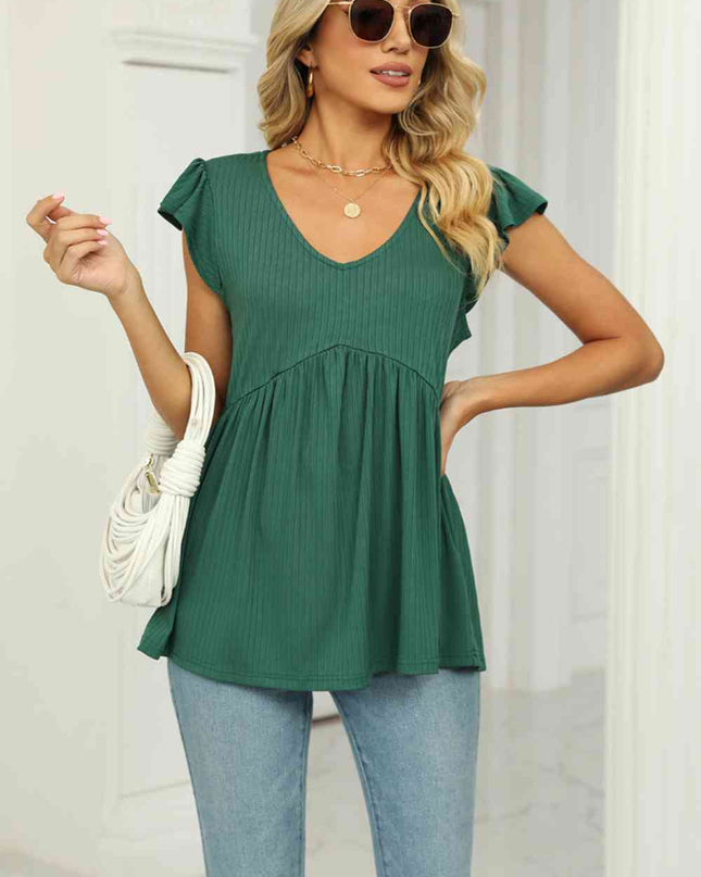 V-Neck Flutter Sleeve Babydoll Blouse
