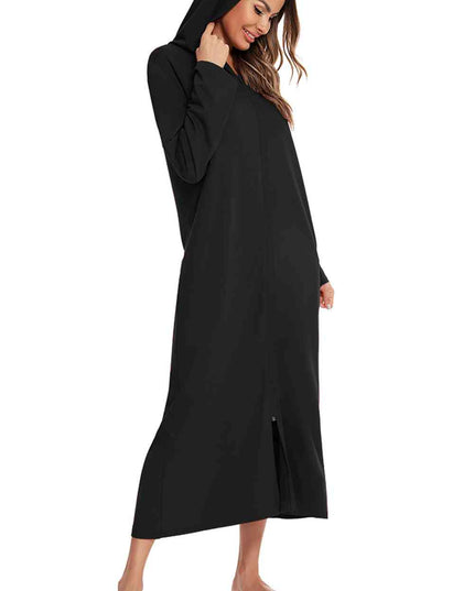 Zip Front Hooded Night Dress with Pockets