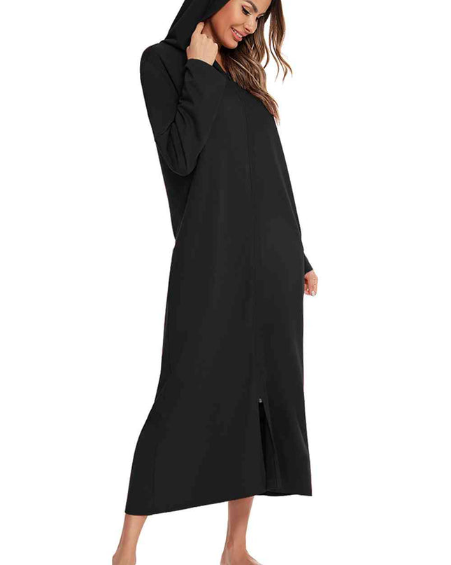 Zip Front Hooded Night Dress with Pockets