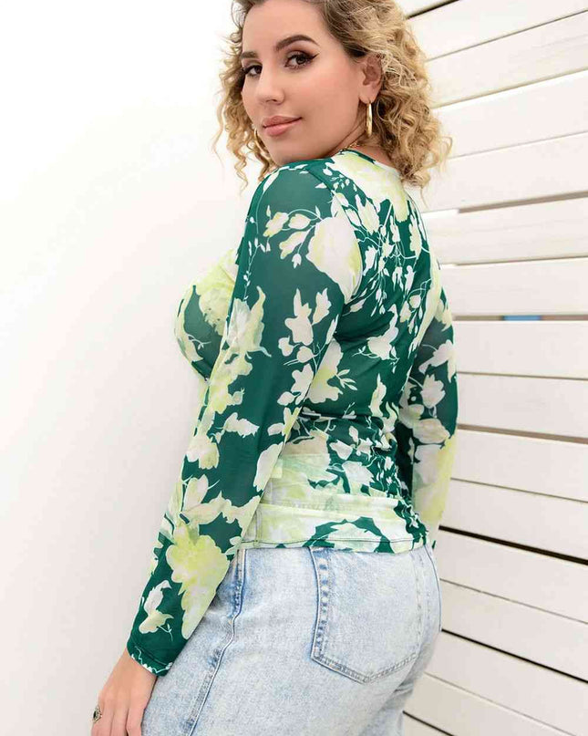 Plus Size Printed Round Neck Long Sleeve Blouse