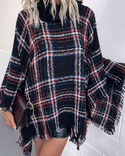 Plaid Turtleneck Fringe Hem Poncho