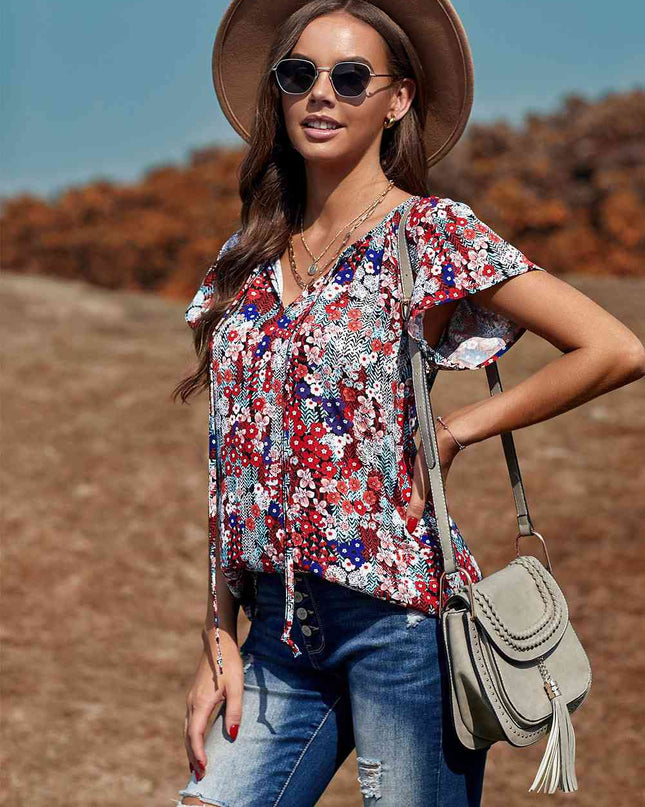 Floral Flutter Sleeve Tie-Neck Blouse