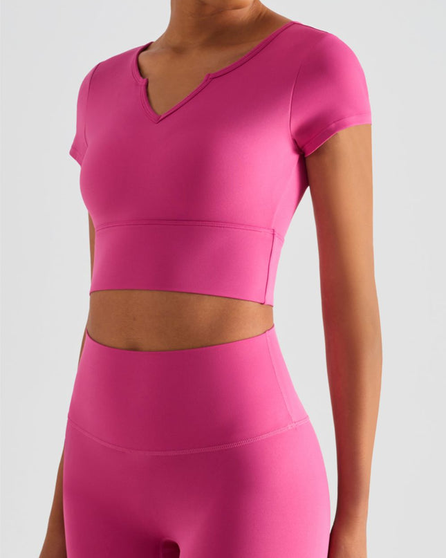 Notched Neck Short Sleeve Cropped Sports Top