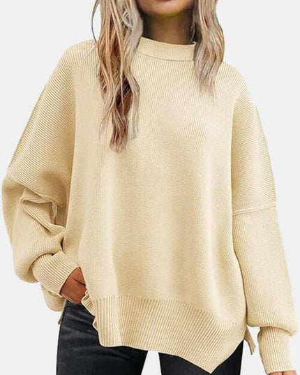 Round Neck Drop Shoulder Slit Sweater