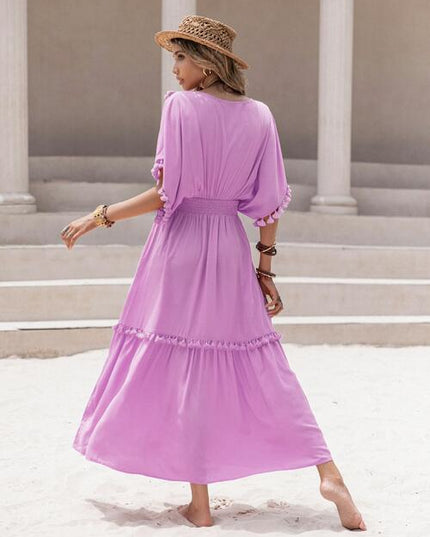 Tassel Trim Smocked V-Neck Short Sleeve Dress