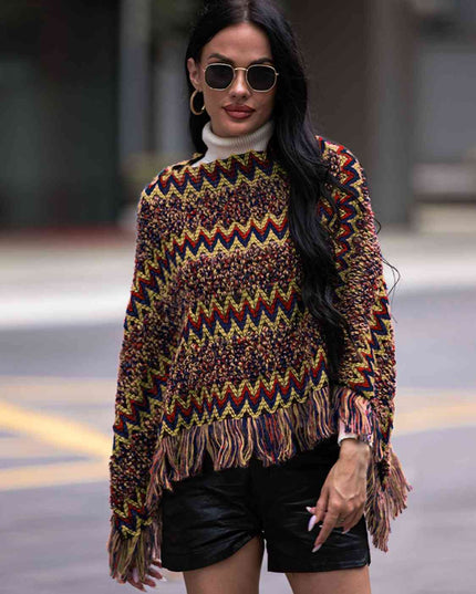 Fringe Hem Boat Neck Poncho