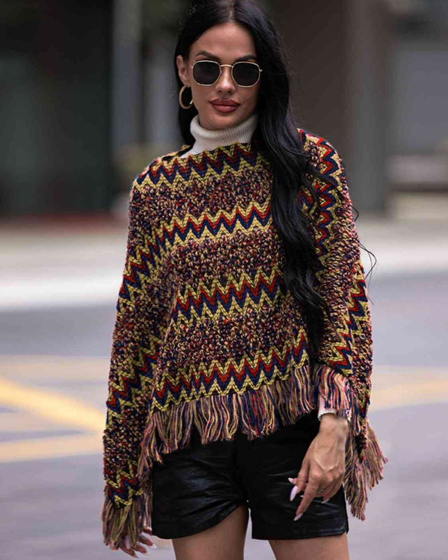 Fringe Hem Boat Neck Poncho