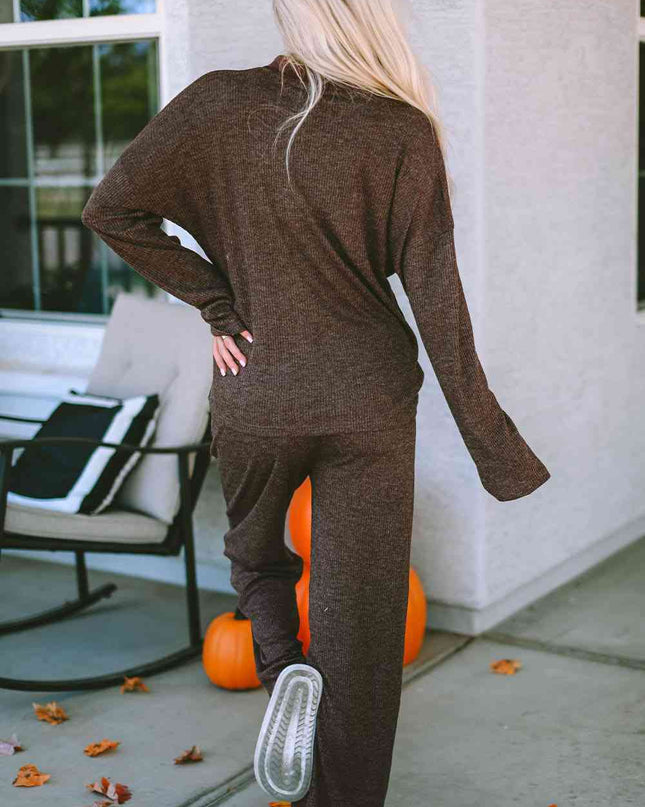 Buttoned Long Sleeve Top and Long Pants Lounge Set
