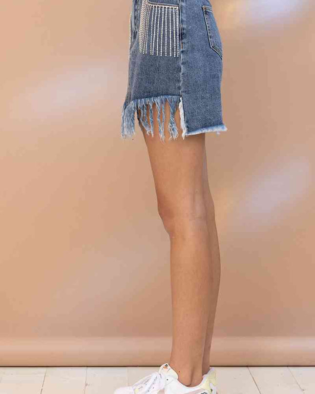 Rhinestone Fringe Denim Skirt