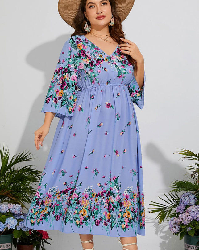 Plus Size Floral V-Neck Three-Quarter Sleeve Midi Dress