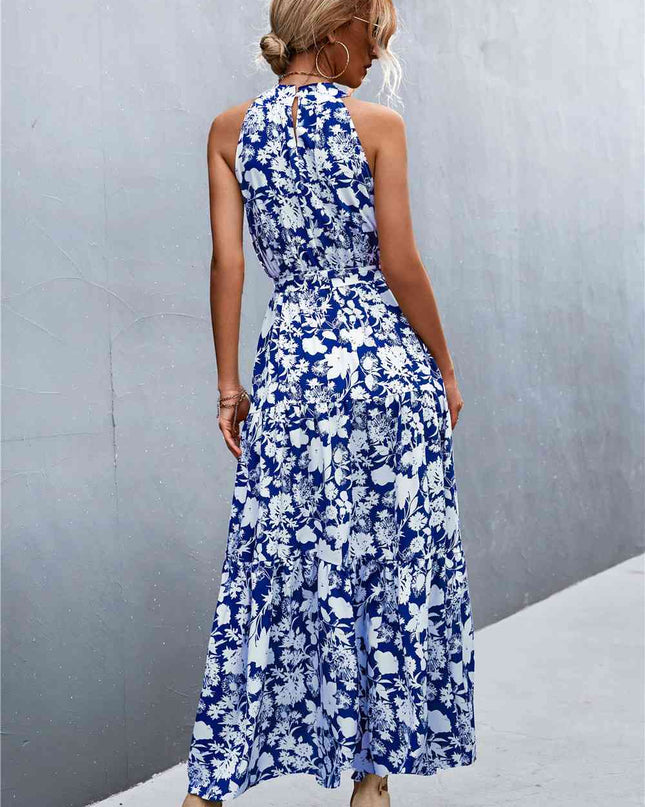 Printed Sleeveless Tie Waist Maxi Dress