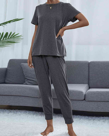 Round Neck Short Sleeve Top and Pants Set
