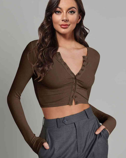 Double Take Button Down Long Sleeve Cropped Top