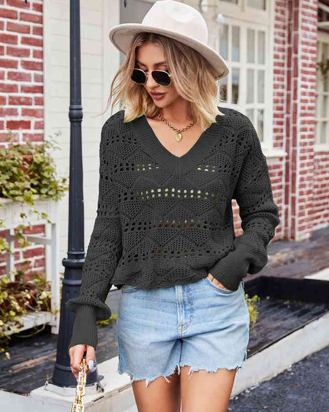 V-Neck Openwork Long Sleeve Sweater