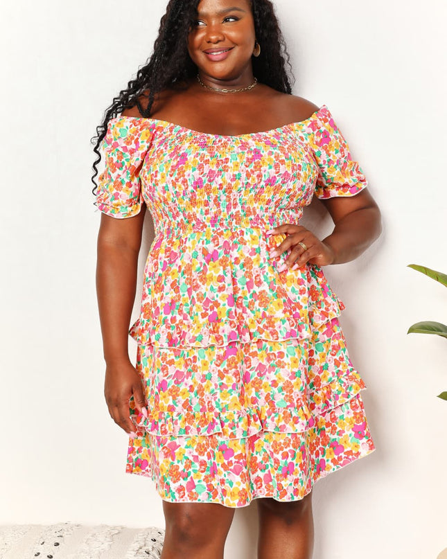 Double Take Smocked Sweetheart Neck Flounce Sleeve Mini Dress