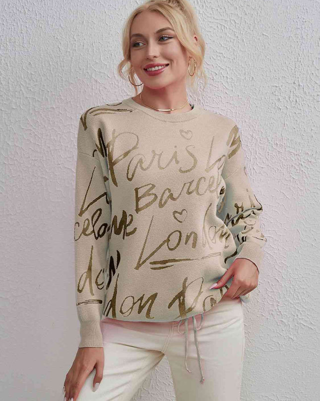 Letter Round Neck Drawstring Sweater