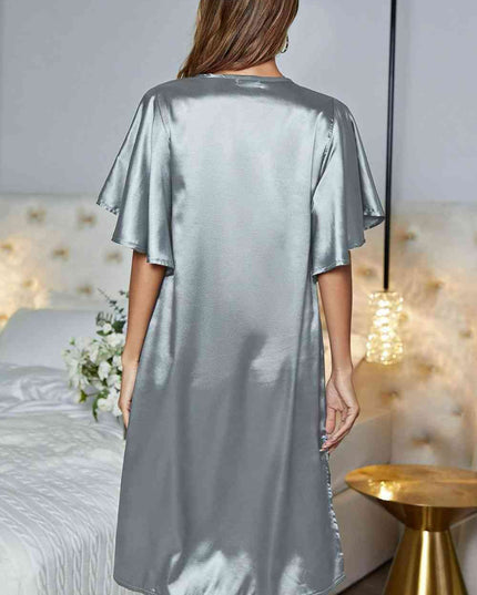 Satin Flutter Sleeve Side Slit V-Neck Night Dress