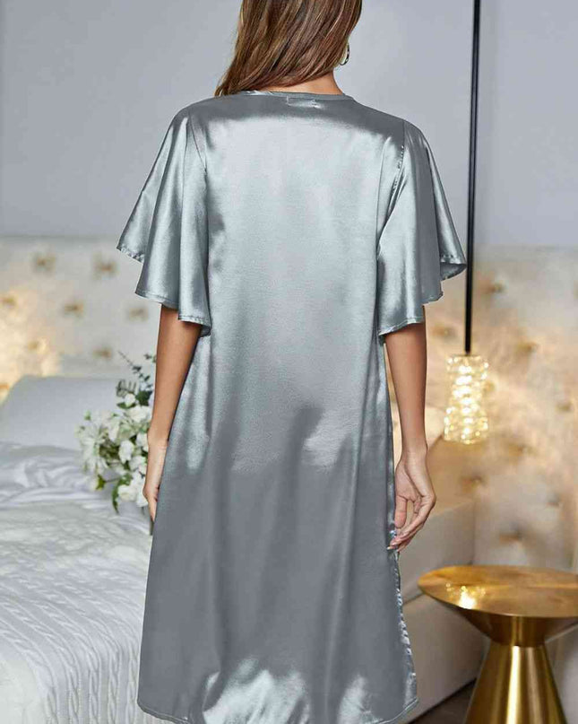 Satin Flutter Sleeve Side Slit V-Neck Night Dress