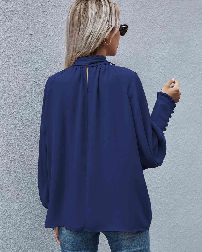 Mock Neck Lantern Sleeve Tie Front Blouse