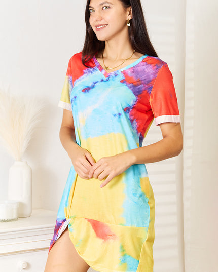 Double Take Tie-Dye V-Neck Twisted Dress