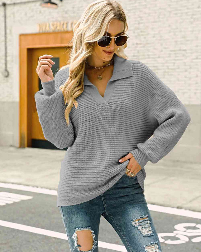 Double Take Horizontal Ribbing Johnny Collar Sweater