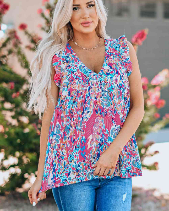 Printed Flutter Sleeve V-Neck Top cf