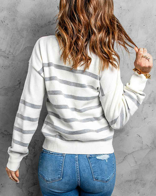 Striped Round Neck Button-Up Cardigan
