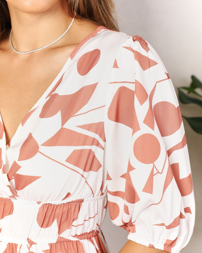 Double Take Printed Surplice Balloon Sleeve Dress