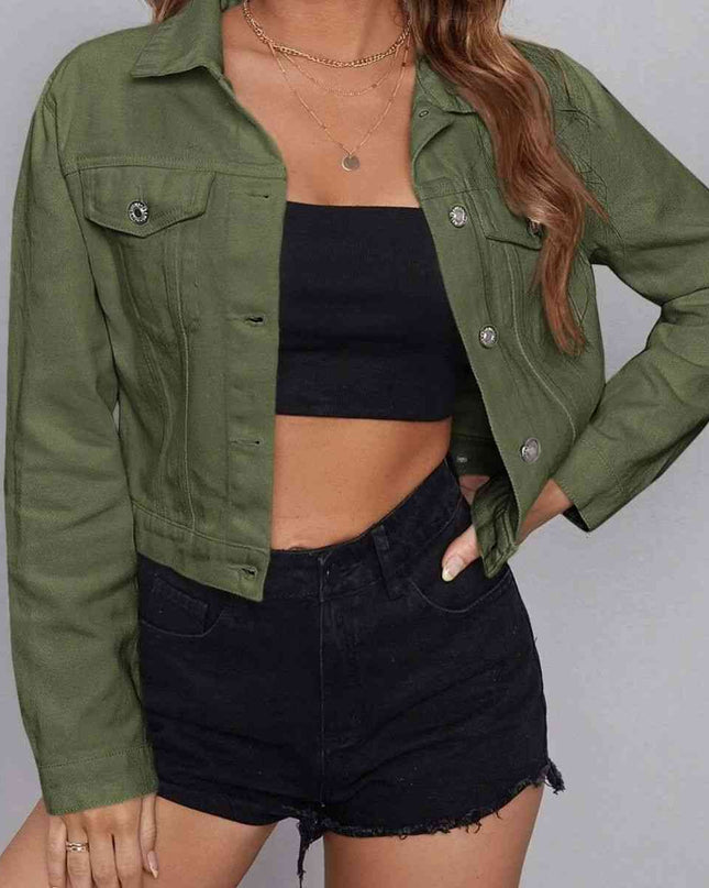 Collared Neck Long Sleeve Button-Down Denim Jacket