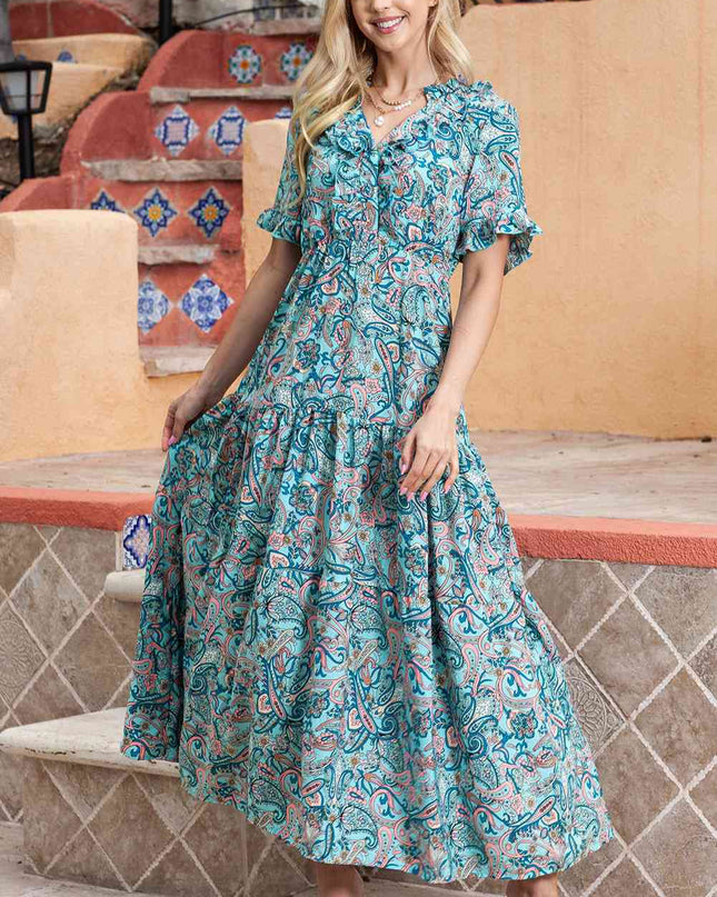 Paisley Print Flounce Sleeve Maxi Dress