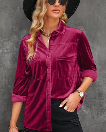 Button Up Collared Neck Long Sleeve Velvet Shirt